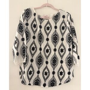 Ana & Rose Womens White Black Embroidered Geometric Boho Blouse Top Size M Boho